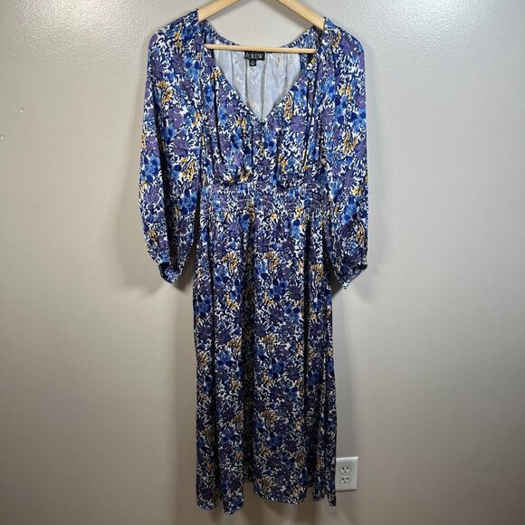 J.Crew Floral V-neck Midi Dress Size XS Blue Smocked Waist Work Wedding Event - Picture 2 of 12